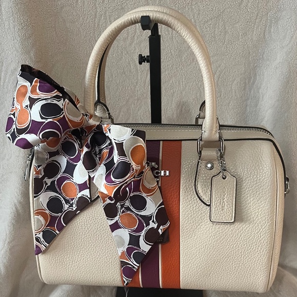 Coach Rowan Satchel Bag Varsity Stripe Silver/Ivory Multi NWT *W/Coach Bag Scarf - Picture 1 of 13
